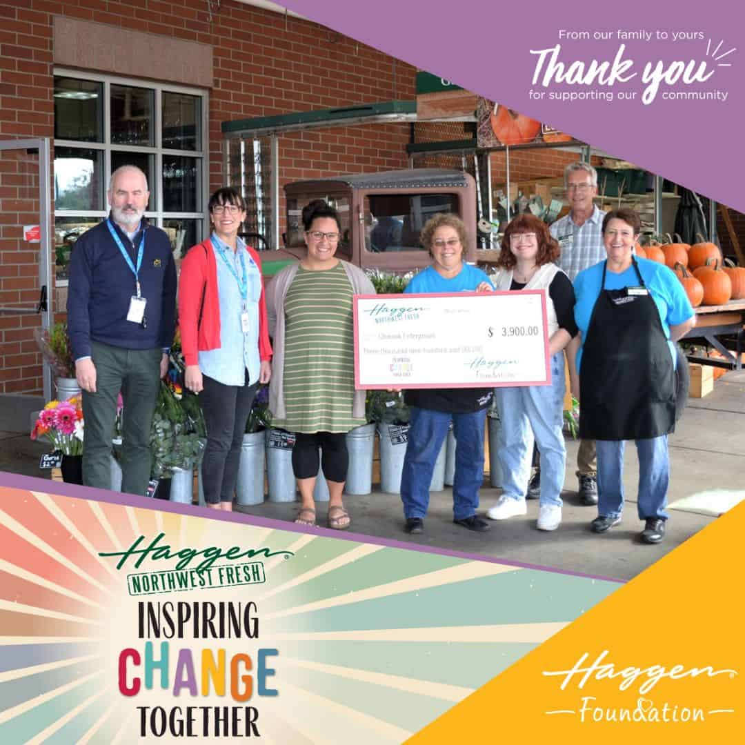 Haggen donates a check to Chinook Enterprises