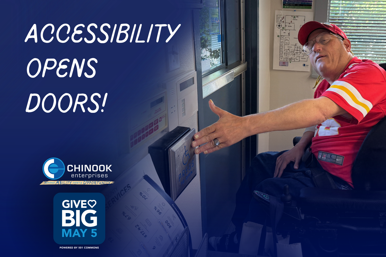 man in wheelchair using door opener
