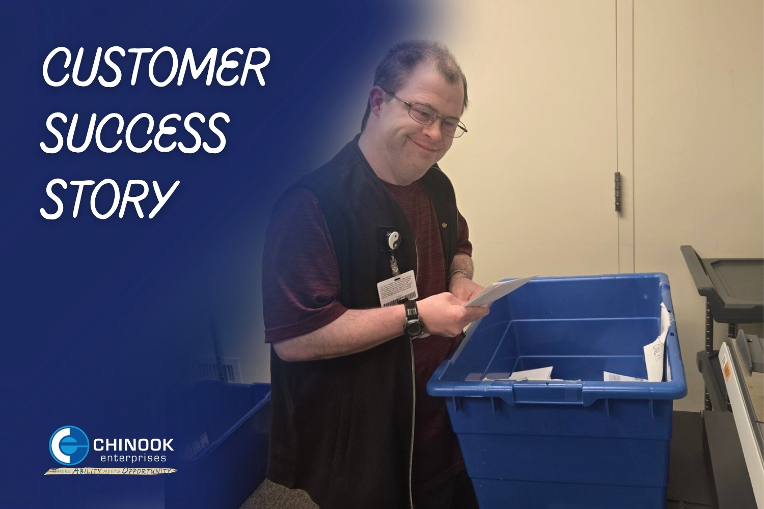 smiling man in a mailroom